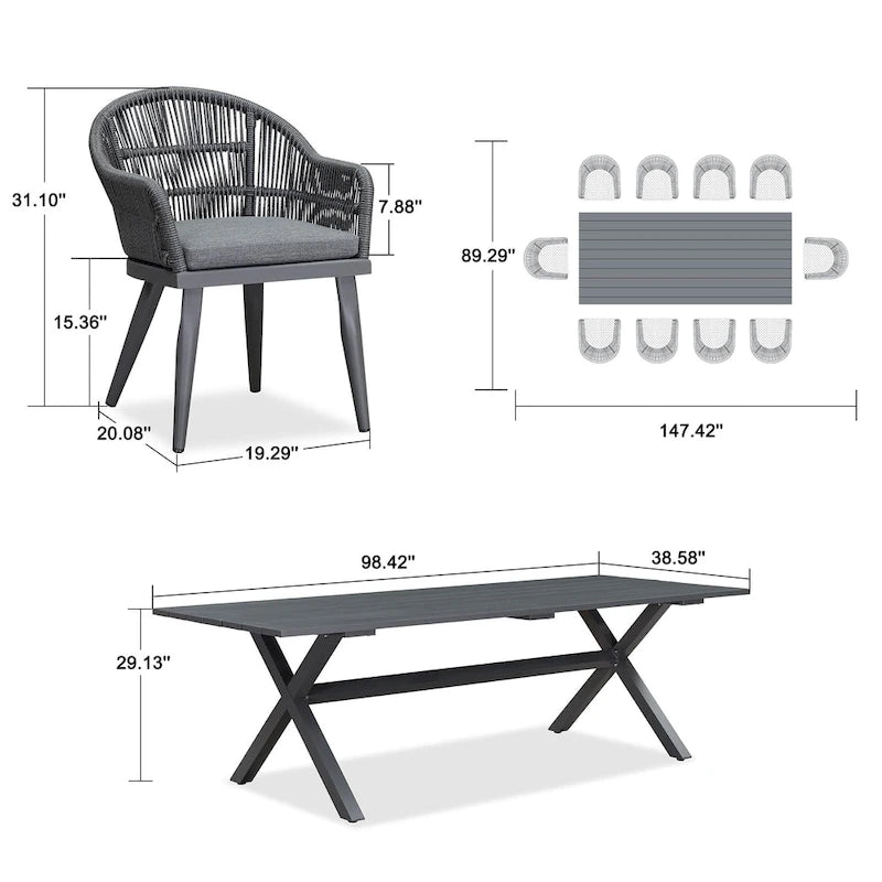 Ensemble de salle à manger de patio PURPLE LEAF avec table à manger d'extérieur en aluminium et chaises en rotin tressé