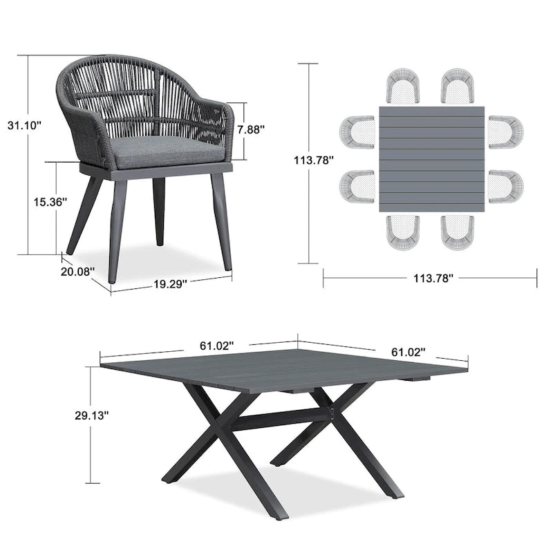 Ensemble de salle à manger de patio PURPLE LEAF avec table à manger d'extérieur en aluminium et chaises en rotin tressé