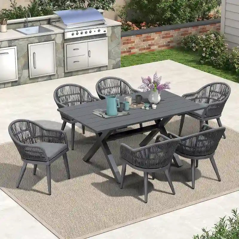 Ensemble de salle à manger de patio PURPLE LEAF avec table à manger d'extérieur en aluminium et chaises en rotin tressé