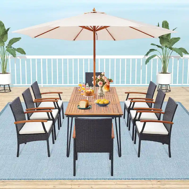 Ensemble de salle à manger en rotin 9 pièces avec trou pour parasol pour l'extérieur