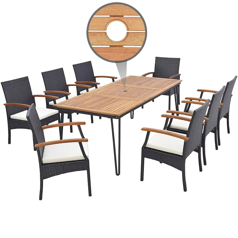 Ensemble de salle à manger en rotin 9 pièces avec trou pour parasol pour l'extérieur