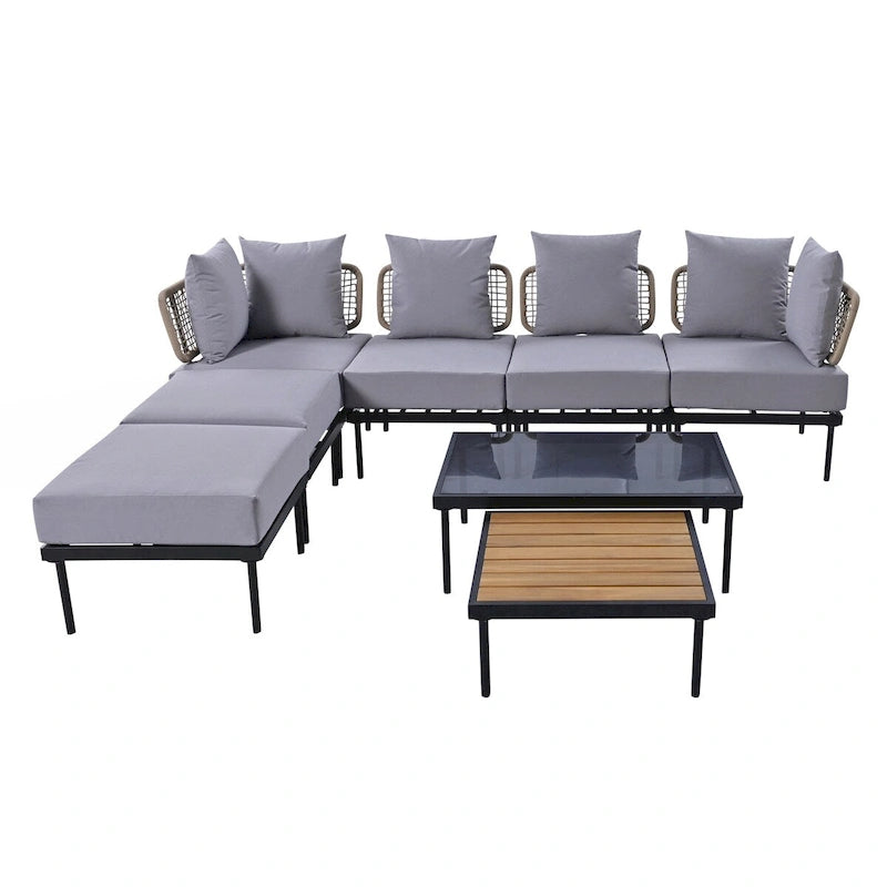 Ensemble de canapés modulaires de patio 8 pièces avec table basse en verre trempé et table basse en bois pour oasis extérieure, jardin