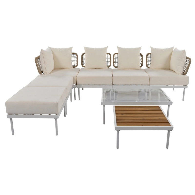 Ensemble de canapés modulaires de patio 8 pièces avec table basse en verre trempé et table basse en bois pour oasis extérieure, jardin