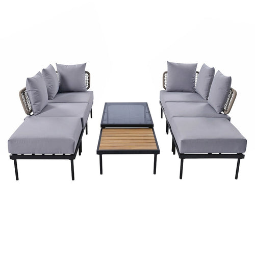 Ensemble de canapés modulaires de patio 8 pièces avec table basse en verre trempé et table basse en bois pour oasis extérieure, jardin