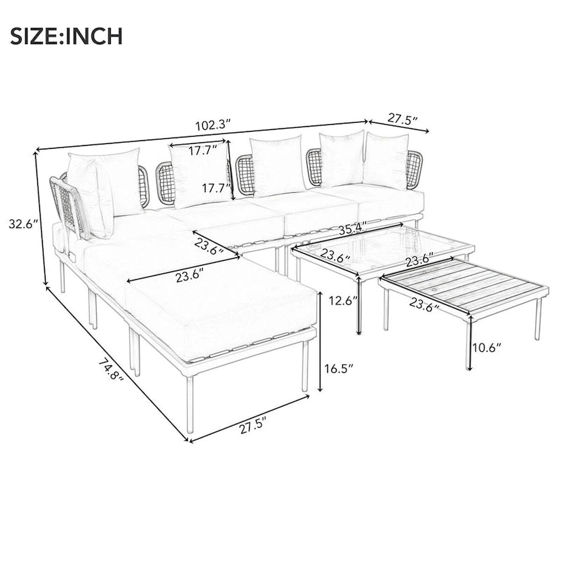 Ensemble de canapés modulaires de patio 8 pièces avec table basse en verre trempé et table basse en bois pour oasis extérieure, jardin