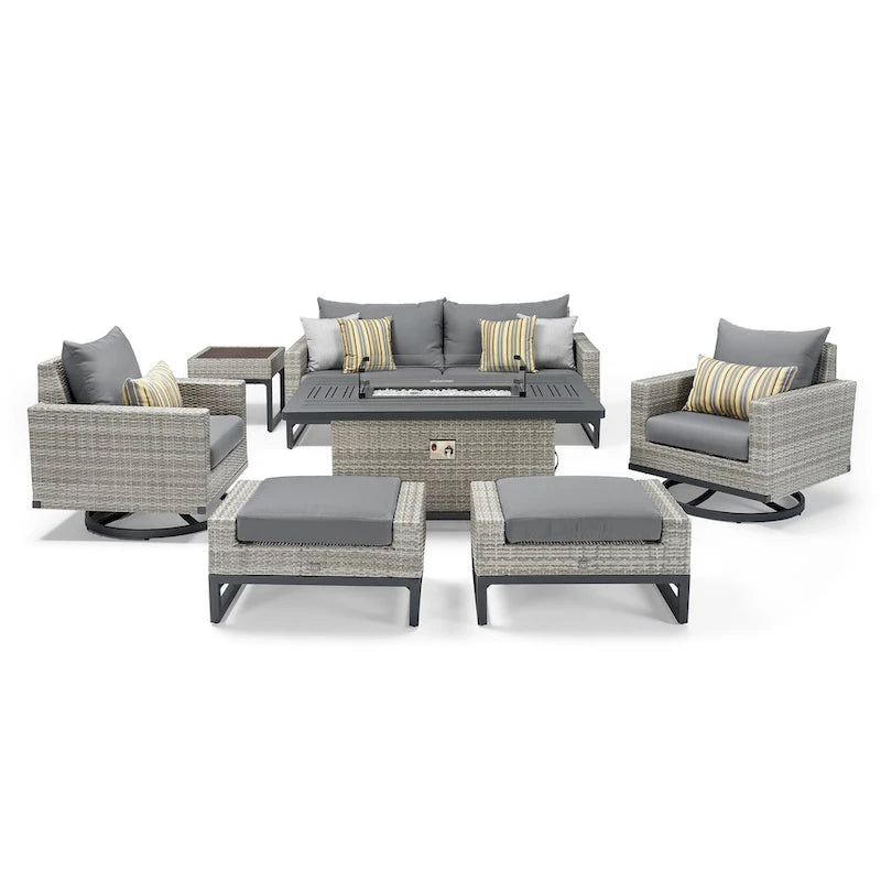 Ensemble de patio extérieur Milo Gray Sunbrella, 7 pièces, avec foyer et chaises pivotantes