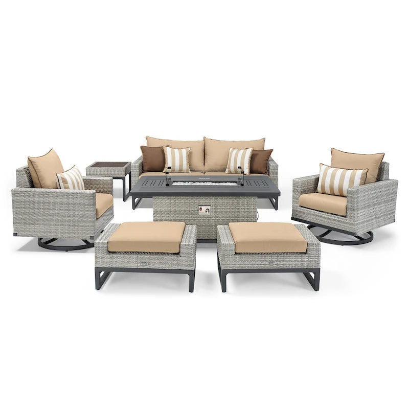 Ensemble de patio extérieur Milo Gray Sunbrella, 7 pièces, avec foyer et chaises pivotantes