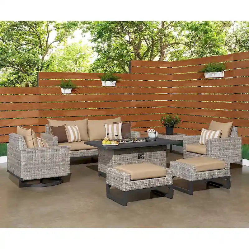 Ensemble de patio extérieur Milo Gray Sunbrella, 7 pièces, avec foyer et chaises pivotantes