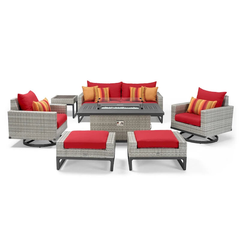 Ensemble de patio extérieur Milo Gray Sunbrella, 7 pièces, avec foyer et chaises pivotantes