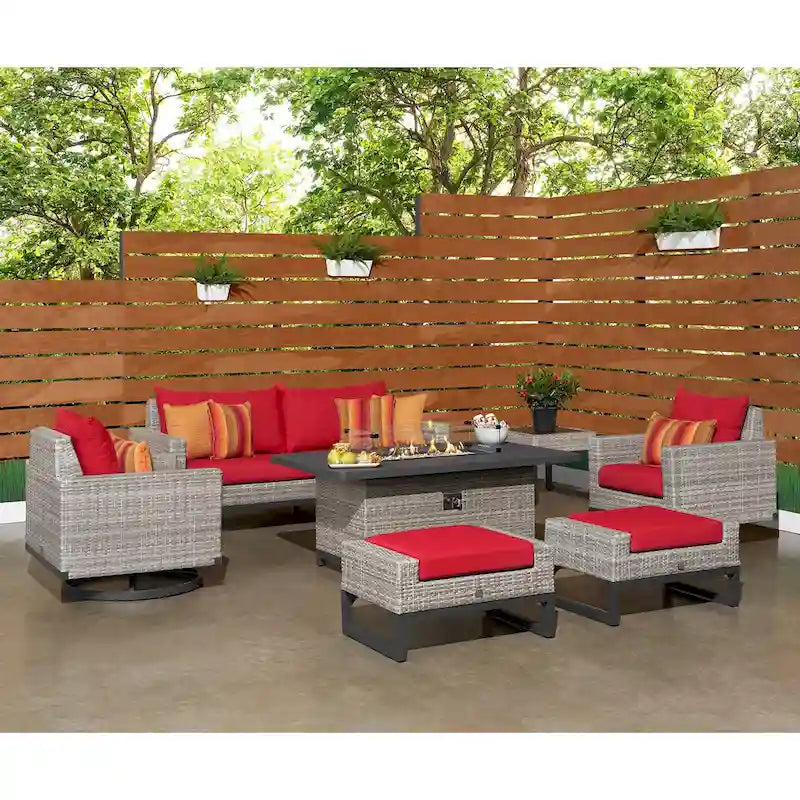 Ensemble de patio extérieur Milo Gray Sunbrella, 7 pièces, avec foyer et chaises pivotantes