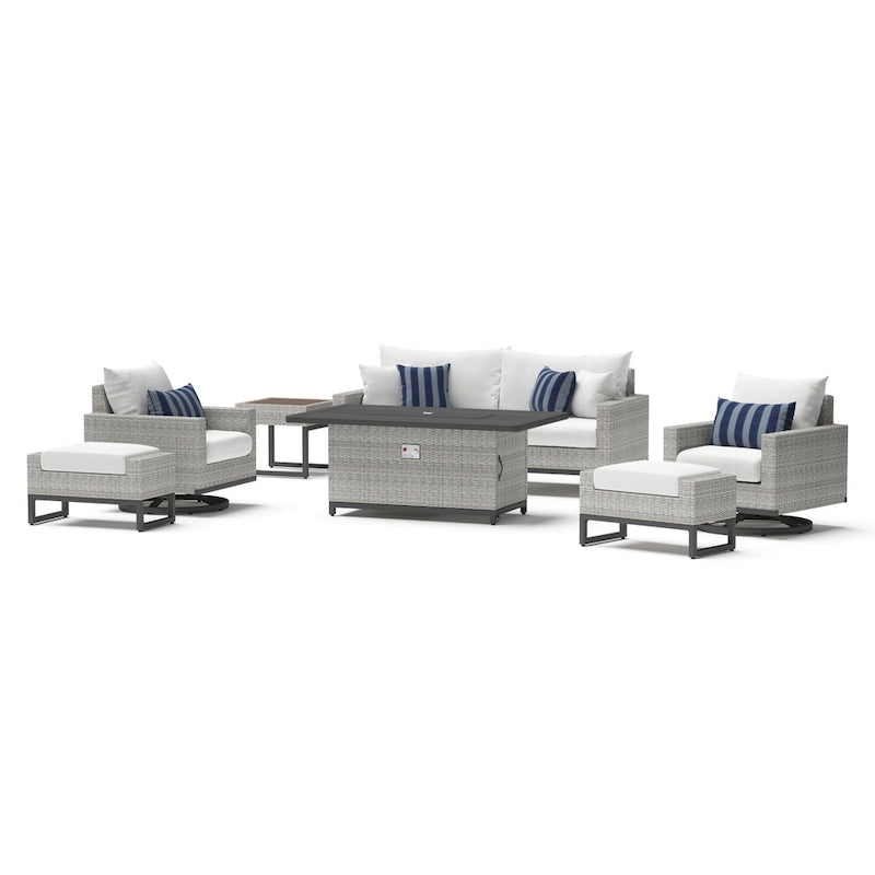 Ensemble de patio extérieur Milo Gray Sunbrella, 7 pièces, avec foyer et chaises pivotantes