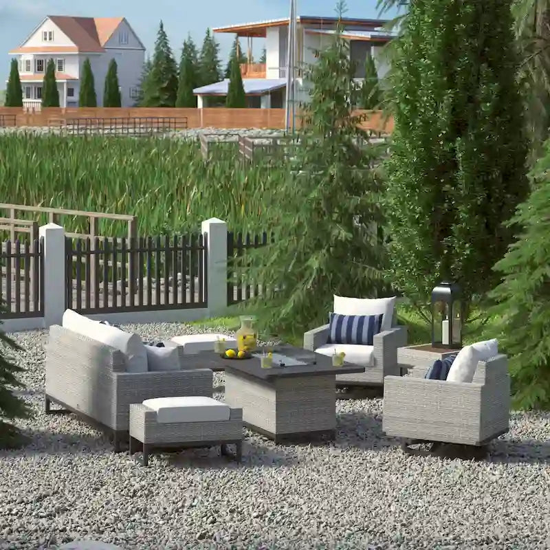 Ensemble de patio extérieur Milo Gray Sunbrella, 7 pièces, avec foyer et chaises pivotantes