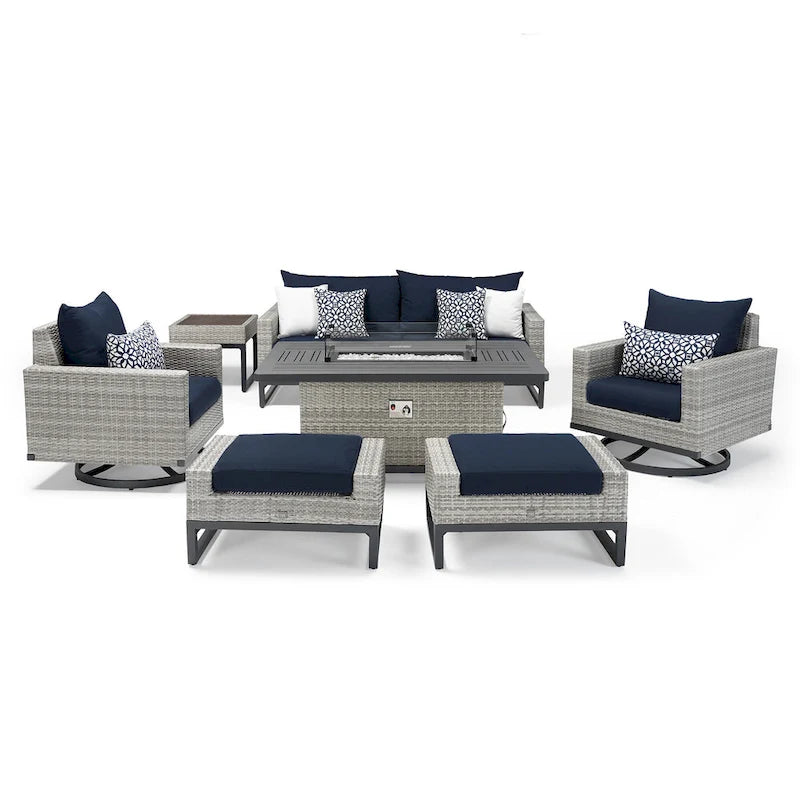 Ensemble de patio extérieur Milo Gray Sunbrella, 7 pièces, avec foyer et chaises pivotantes