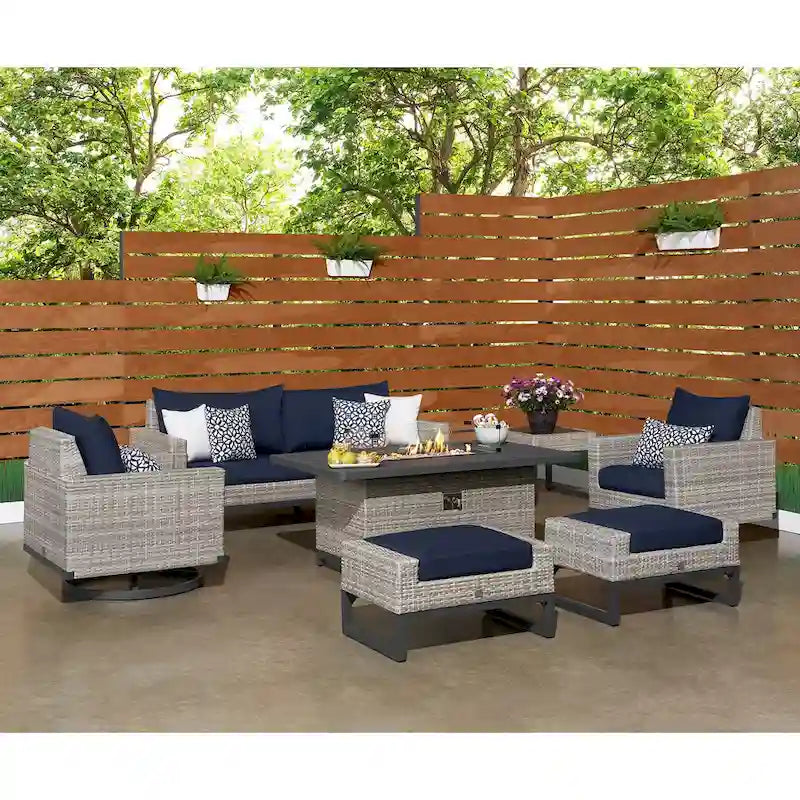 Ensemble de patio extérieur Milo Gray Sunbrella, 7 pièces, avec foyer et chaises pivotantes