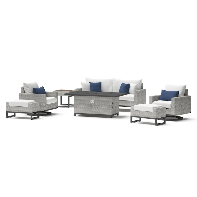 Ensemble de patio extérieur Milo Gray Sunbrella, 7 pièces, avec foyer et chaises pivotantes