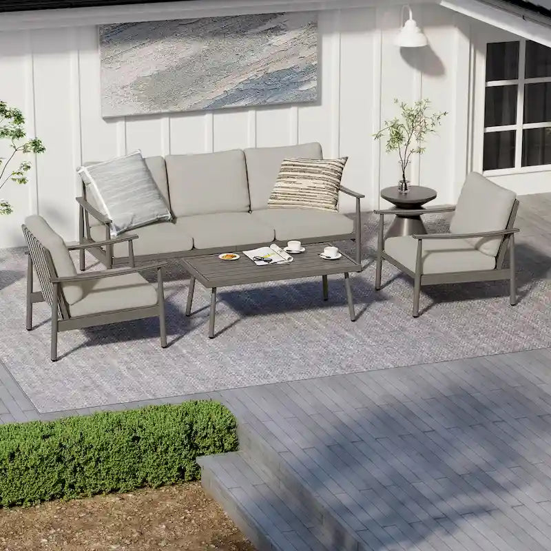 Ensemble de conversation d'extérieur 5 places en aluminium avec dossier de chaise en sangle et coussins