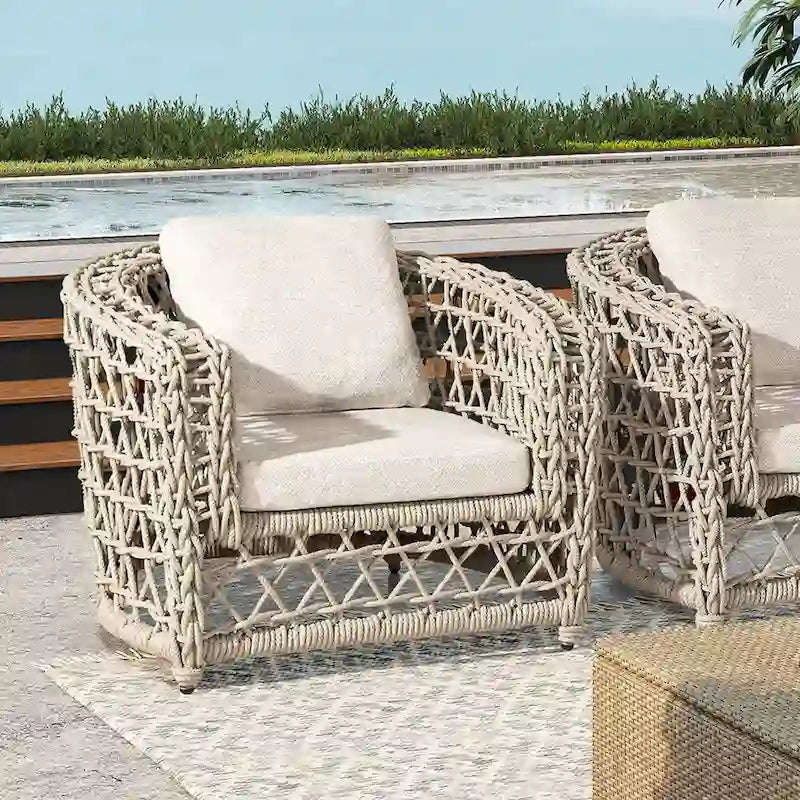 Fauteuil d'extérieur Everly 37,5 en tissu tressé avec accoudoirs et assise profonde