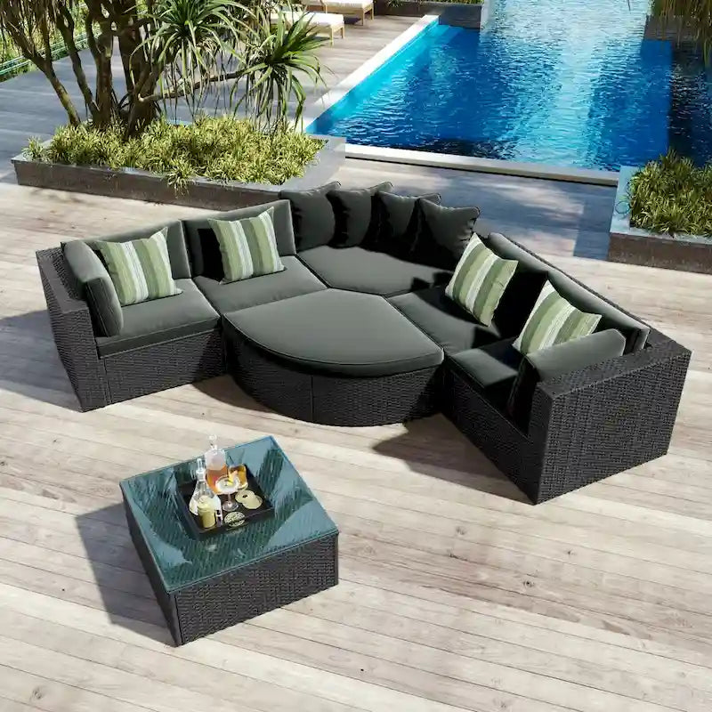 Ensemble de canapé modulaire d'extérieur 7 pièces gris en rotin synthétique résistant aux intempéries