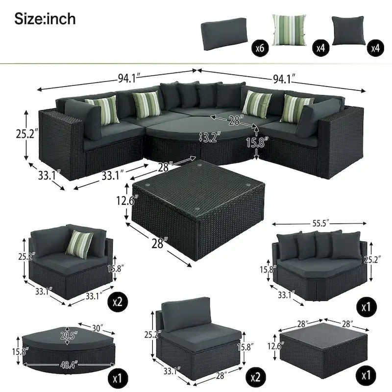Ensemble de canapé modulaire d'extérieur 7 pièces gris en rotin synthétique résistant aux intempéries