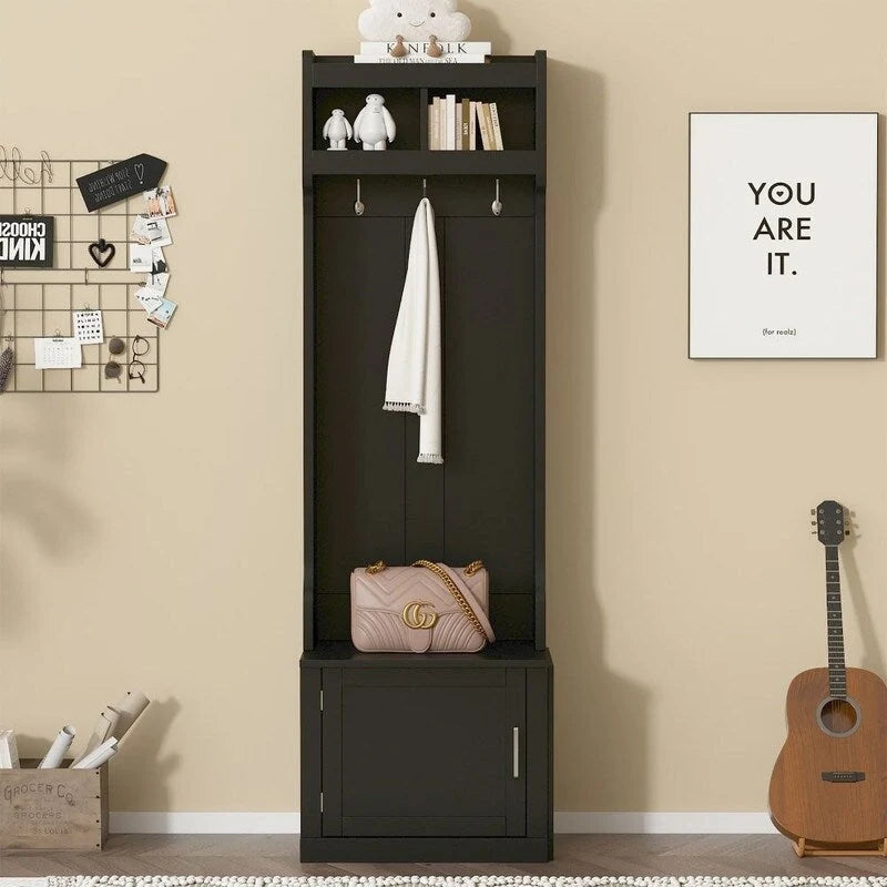 Porte-manteau minimaliste et fin avec meuble de rangement et 6 patères