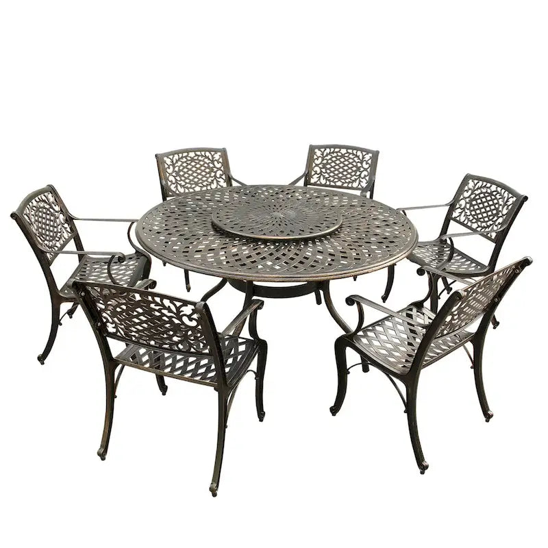 Ensemble de salle à manger rond 150 cm d'extérieur avec treillis, plateau tournant et six chaises
