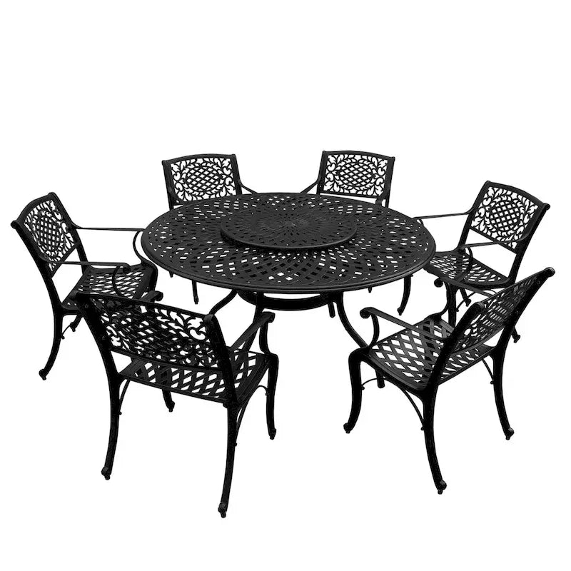 Ensemble de salle à manger rond d'extérieur en treillis de 150 cm avec plateau tournant et six chaises