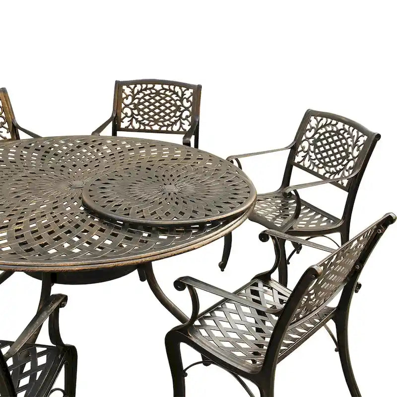Ensemble de salle à manger rond 150 cm d'extérieur avec treillis, plateau tournant et six chaises