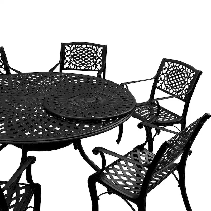 Ensemble de salle à manger rond 150 cm d'extérieur avec treillis, plateau tournant et six chaises