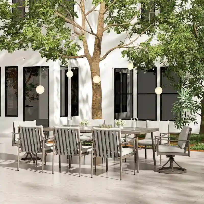 SleekLine 9-Piece Aluminum Patio Dining Set with Webbing Chair Back and Removable Cushions