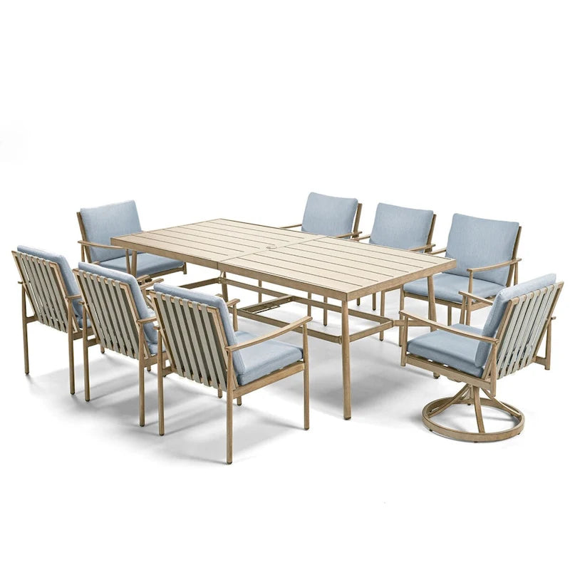 Ensemble de salle à manger d'extérieur 9 pièces en aluminium SleekLine avec dossier en sangle et coussins amovibles