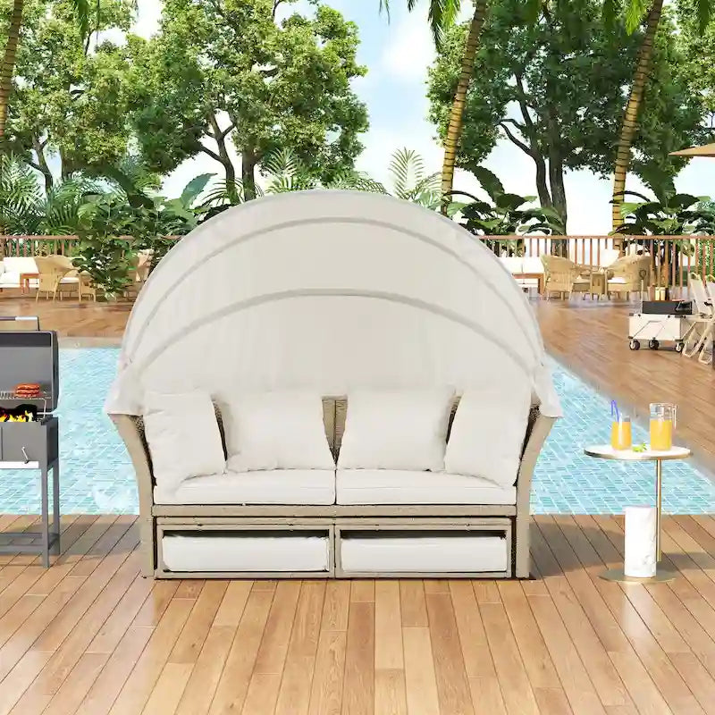 Lit de repos d'extérieur en rotin avec auvent rétractable, ensemble de mobilier de jardin rond.