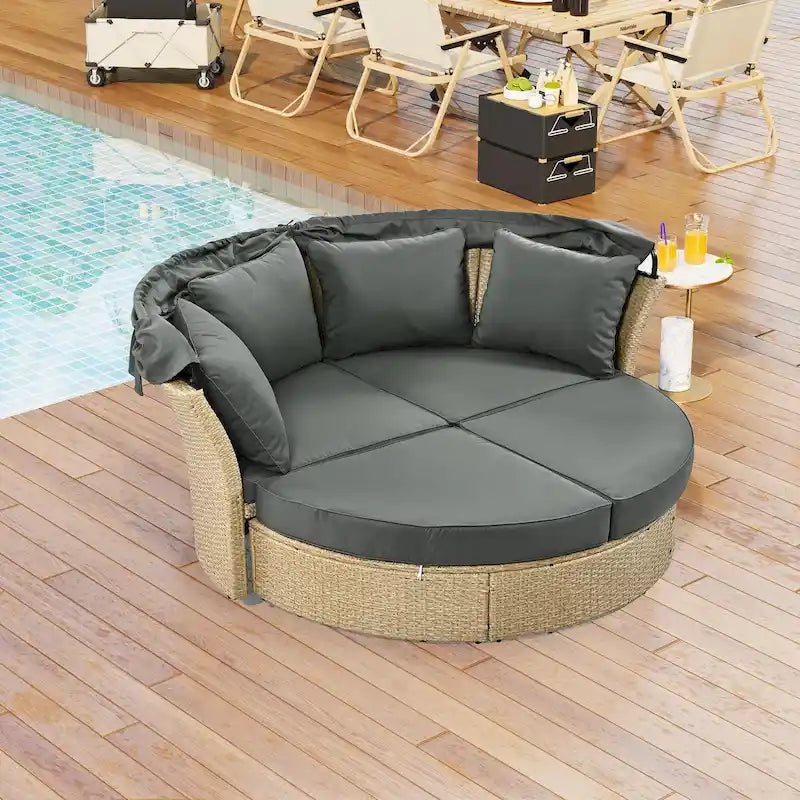 Lit de repos d'extérieur en rotin avec auvent rétractable, ensemble de mobilier de jardin rond.