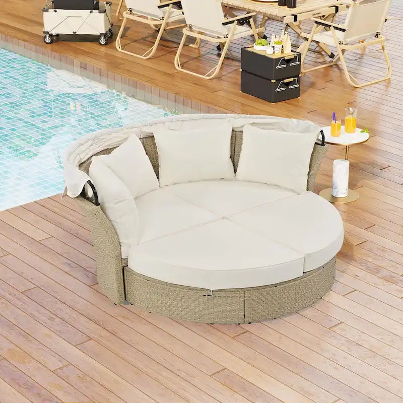 Lit de repos d'extérieur en rotin avec auvent rétractable, ensemble de mobilier de jardin rond.