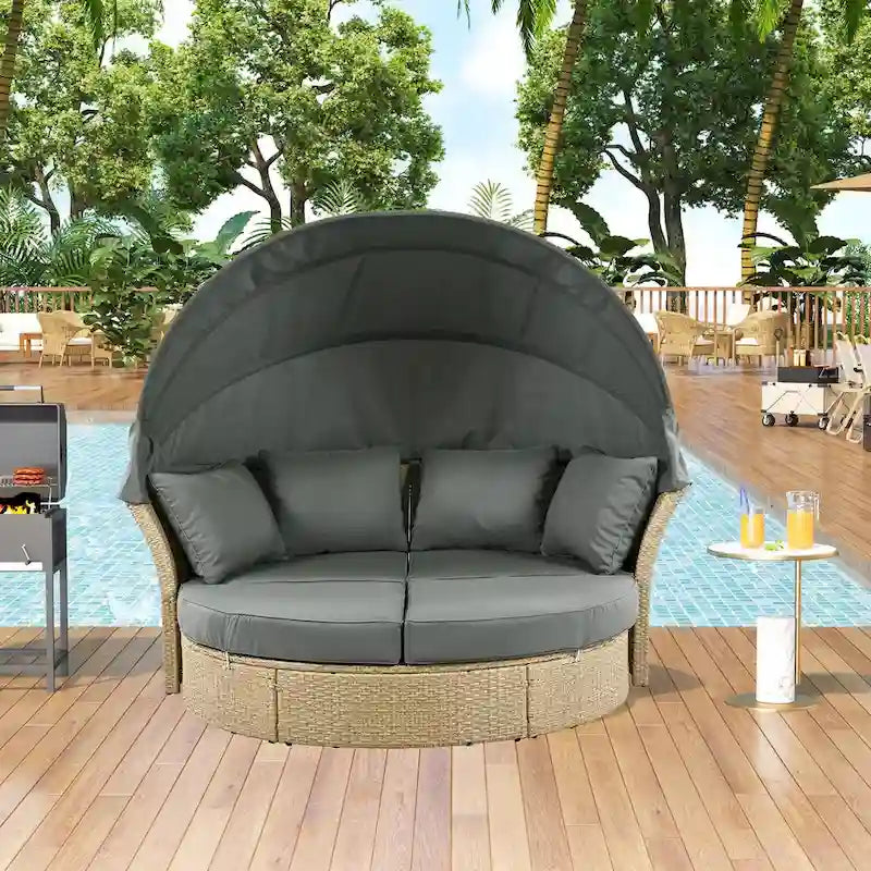 Lit de repos d'extérieur en rotin avec auvent rétractable, ensemble de mobilier de jardin rond.