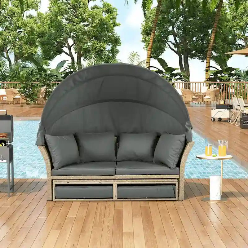 Lit de repos d'extérieur en rotin avec auvent rétractable, ensemble de mobilier de jardin rond.