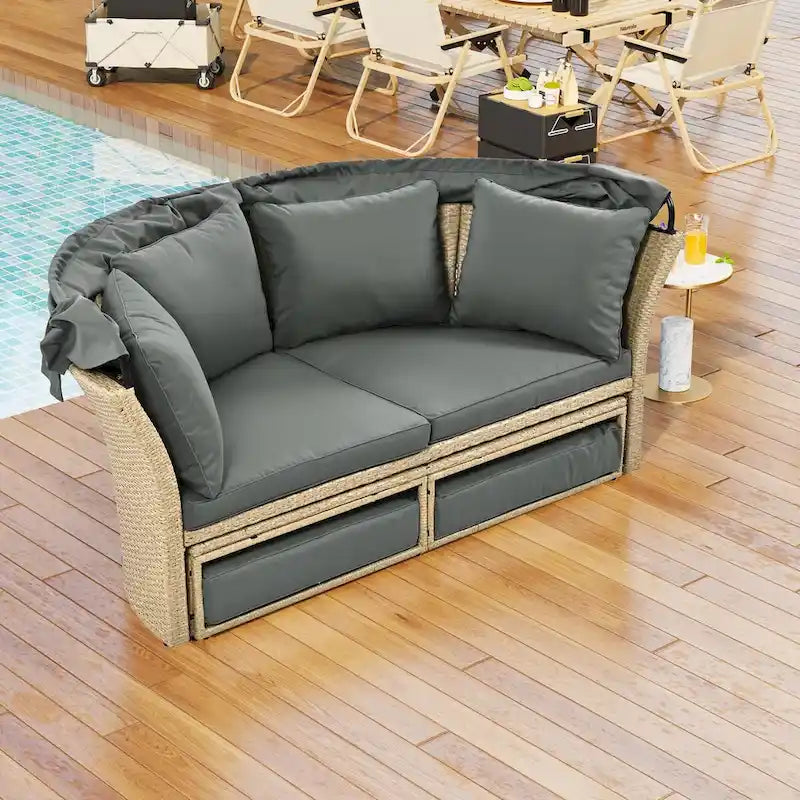 Lit de repos d'extérieur en rotin avec auvent rétractable, ensemble de mobilier de jardin rond.