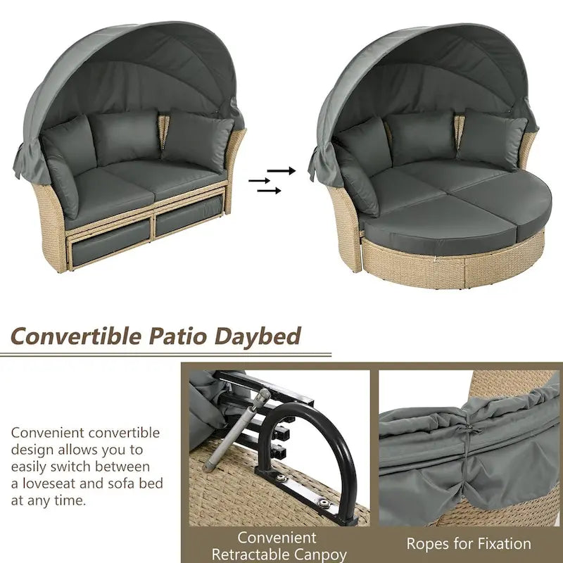 Lit de repos d'extérieur en rotin avec auvent rétractable, ensemble de mobilier de jardin rond.