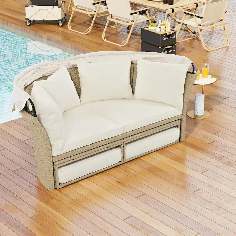 Lit de repos d'extérieur en rotin avec auvent rétractable, ensemble de mobilier de jardin rond.