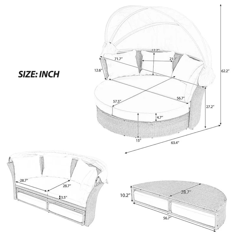 Lit de repos d'extérieur en rotin avec auvent rétractable, ensemble de mobilier de jardin rond.