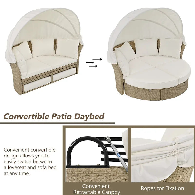 Lit de repos d'extérieur en rotin avec auvent rétractable, ensemble de mobilier de jardin rond.