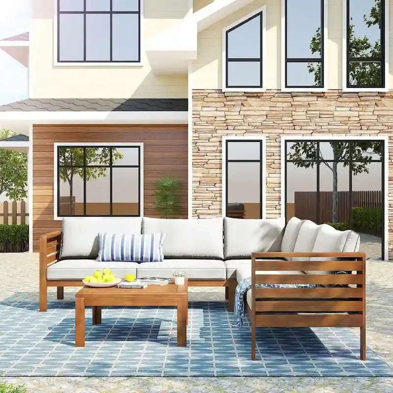 Ensemble de canapés de jardin 4 pièces en bois d'acacia au design exotique