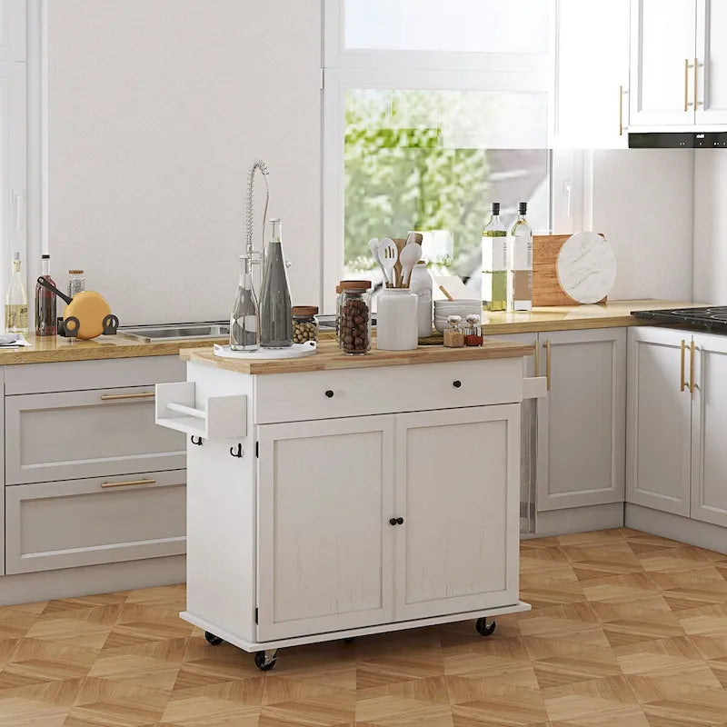 Îlot de cuisine avec rangement, Chariot de cuisine de style ferme sur roulettes avec tiroir, 2 armoires, Plateau en bois d'hévéa
