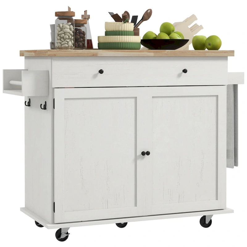 Îlot de cuisine avec rangement, Chariot de cuisine de style ferme sur roulettes avec tiroir, 2 armoires, Plateau en bois d'hévéa