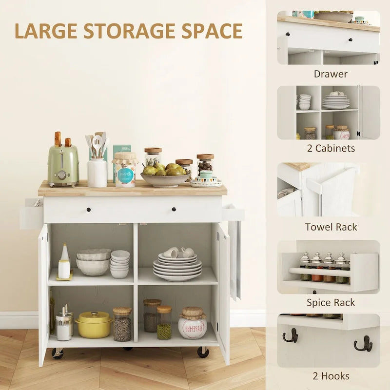 Îlot de cuisine avec rangement, Chariot de cuisine de style ferme sur roulettes avec tiroir, 2 armoires, Plateau en bois d'hévéa