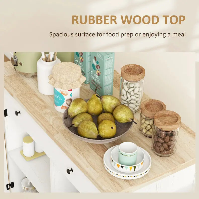 Îlot de cuisine avec rangement, Chariot de cuisine de style ferme sur roulettes avec tiroir, 2 armoires, Plateau en bois d'hévéa