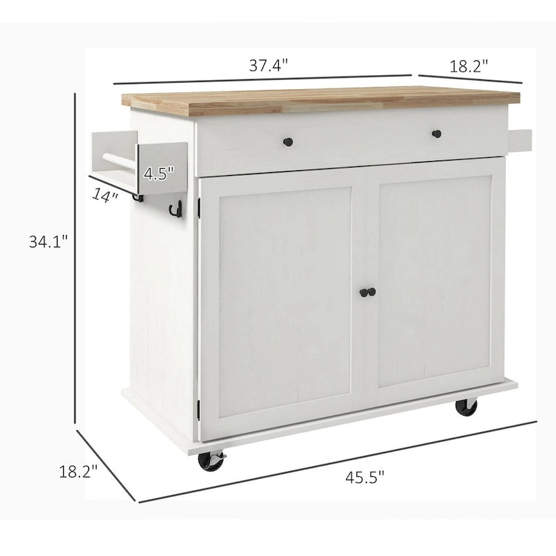 Îlot de cuisine avec rangement, Chariot de cuisine de style ferme sur roulettes avec tiroir, 2 armoires, Plateau en bois d'hévéa
