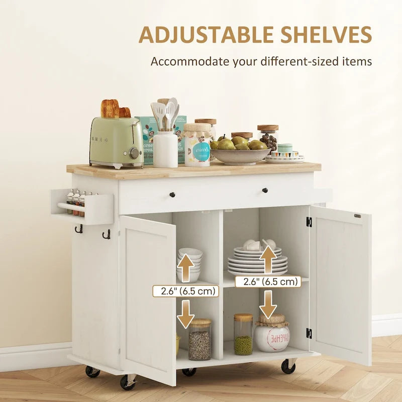 Îlot de cuisine avec rangement, Chariot de cuisine de style ferme sur roulettes avec tiroir, 2 armoires, Plateau en bois d'hévéa