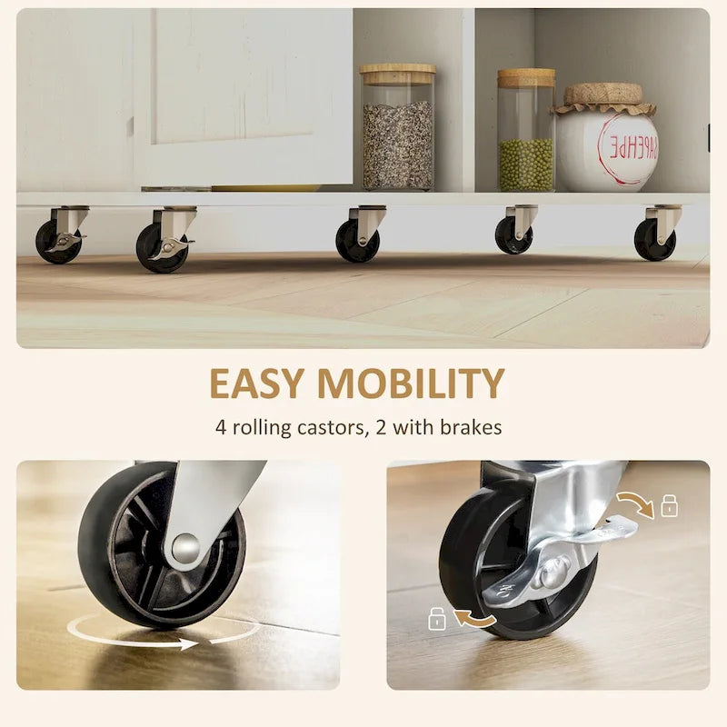 Îlot de cuisine avec rangement, Chariot de cuisine de style ferme sur roulettes avec tiroir, 2 armoires, Plateau en bois d'hévéa