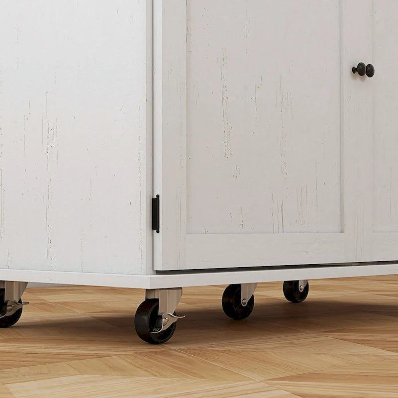 Îlot de cuisine avec rangement, Chariot de cuisine de style ferme sur roulettes avec tiroir, 2 armoires, Plateau en bois d'hévéa
