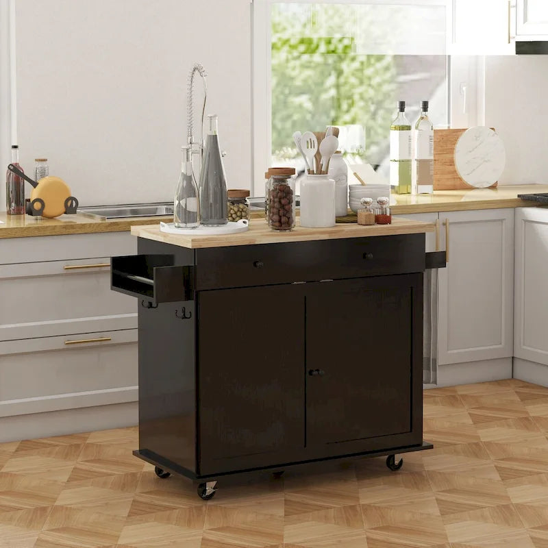 Îlot de cuisine avec rangement, Chariot de cuisine de style ferme sur roulettes avec tiroir, 2 armoires, Plateau en bois d'hévéa